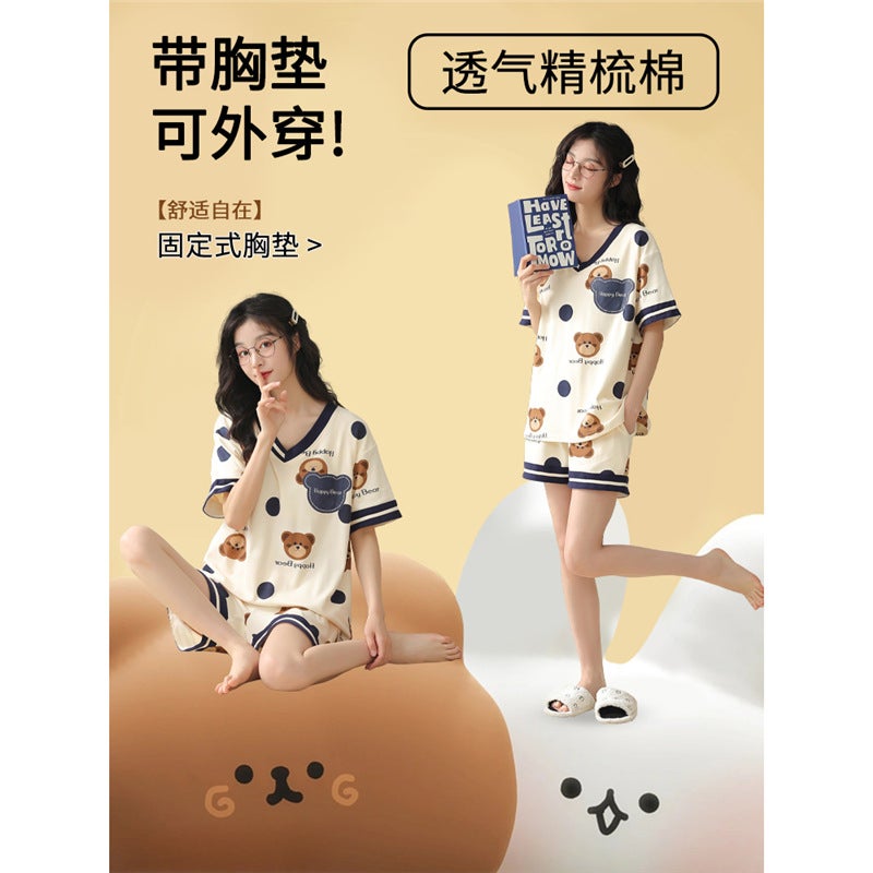 Pajamas with Breast Pads for Women Summer 2026 New Summer Pure Cotton Short-Sleeved Bear Summer Style Cotton Home Wear Set - Image 3