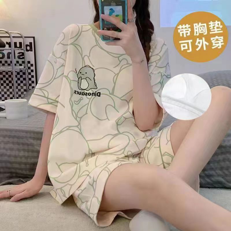 Pajamas with Breast Pads for Women Summer 2026 New Summer Pure Cotton Short-Sleeved Bear Summer Style Cotton Home Wear Set - Image 1