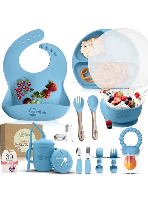 16-Piece Baby-Led Weaning Feeding Set – Silicone Suction Plate & Bowl with Lid, Fruit Feeder, Sippy Cup, Bib & Utensils Kit for 6+ Months Toddlers (Blue)