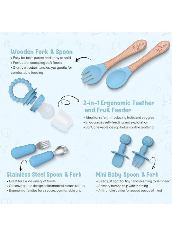 O'doe - 16-Piece Baby-Led Weaning Feeding Set – Silicone Suction Plate & Bowl with Lid, Fruit Feeder, Sippy Cup, Bib & Utensils Kit for 6+ Months Toddlers (Blue) - Image 1
