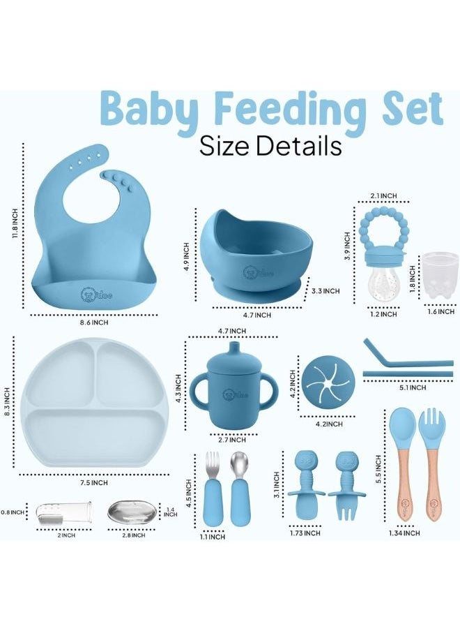 O'doe - 16-Piece Baby-Led Weaning Feeding Set – Silicone Suction Plate & Bowl with Lid, Fruit Feeder, Sippy Cup, Bib & Utensils Kit for 6+ Months Toddlers (Blue) - Image 1
