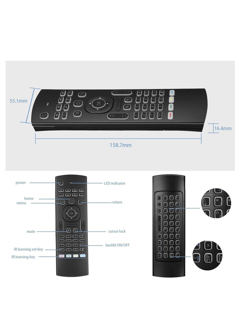 MX3 Pro Mini Backlit Keyboard with Air Mouse, Remote Control for Android TV, Mini Wireless Programming IR Remote for Android/T-Box/IP, Black