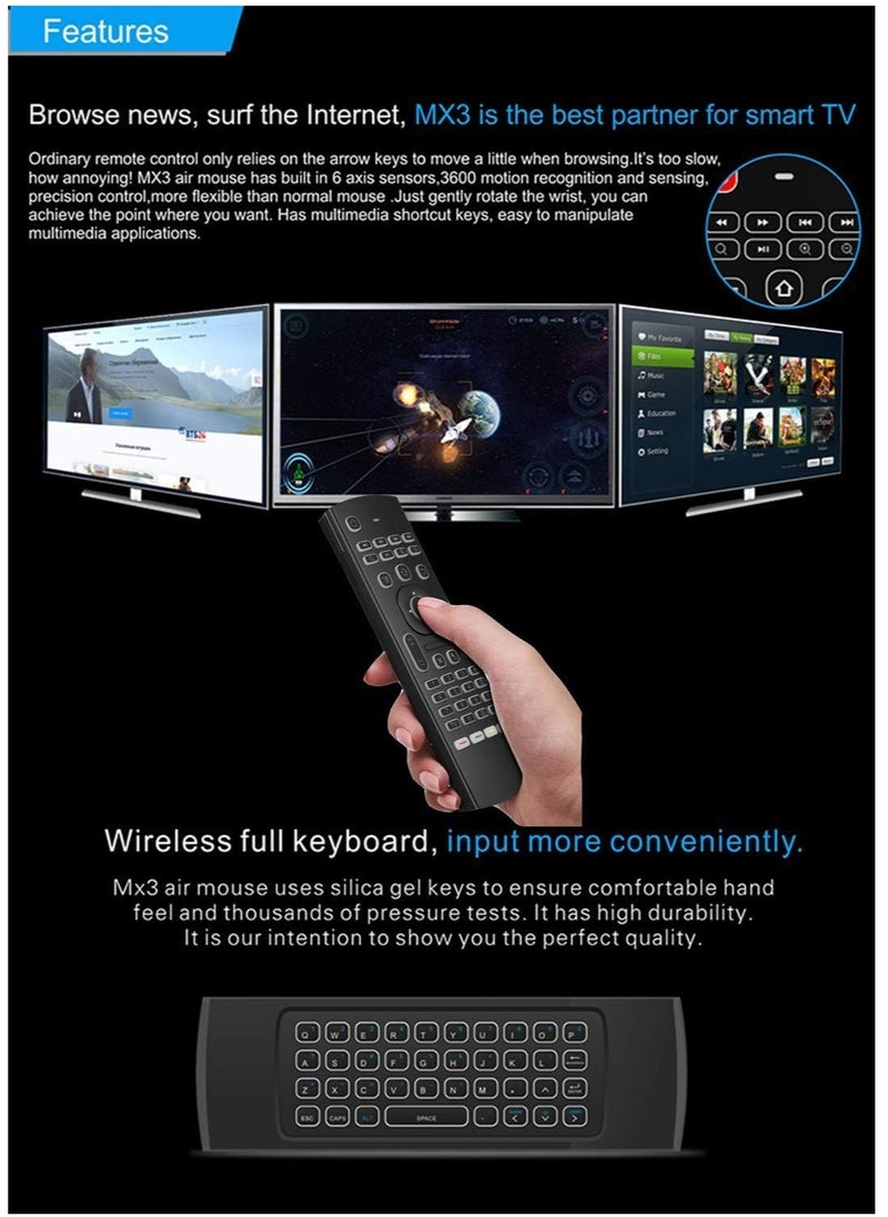 MX3 Pro Mini Backlit Keyboard with Air Mouse, Remote Control for Android TV, Mini Wireless Programming IR Remote for Android/T-Box/IP, Black