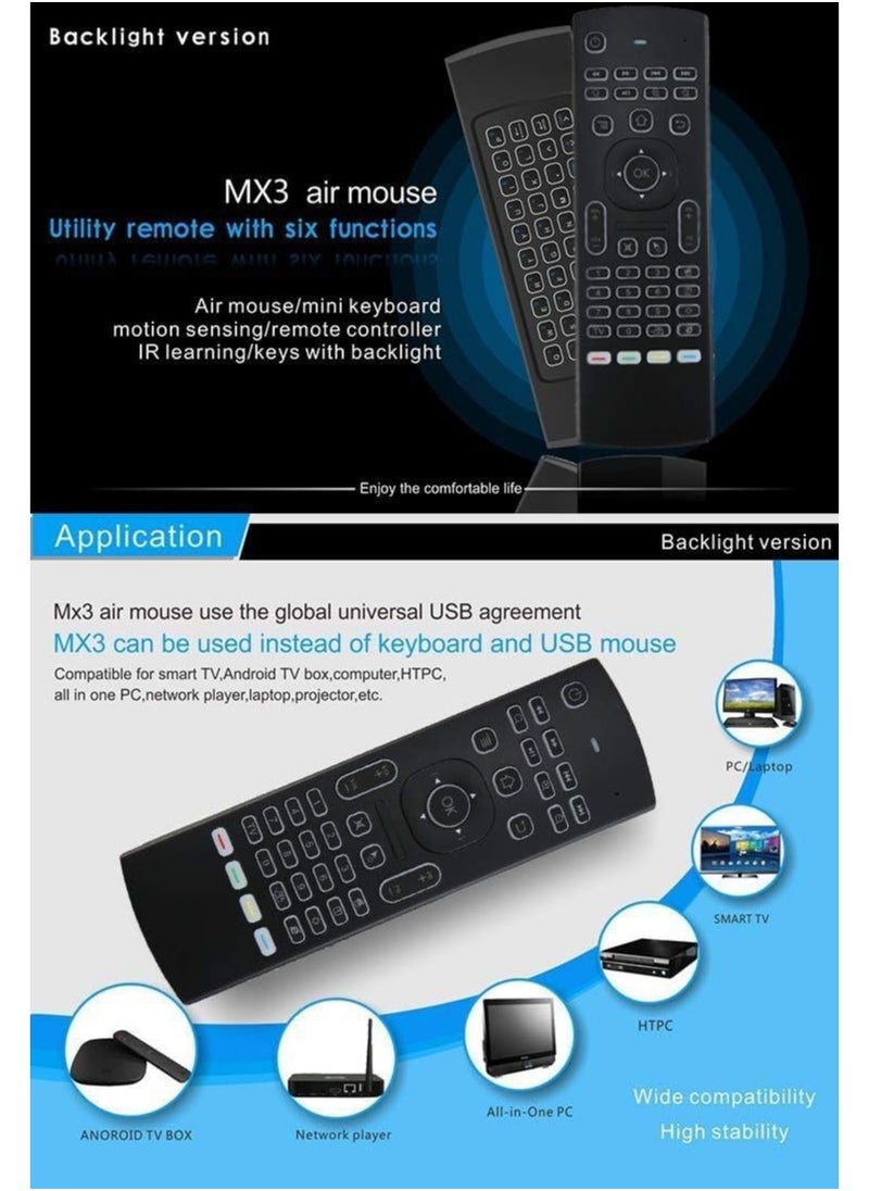 MX3 Pro Mini Backlit Keyboard with Air Mouse, Remote Control for Android TV, Mini Wireless Programming IR Remote for Android/T-Box/IP, Black