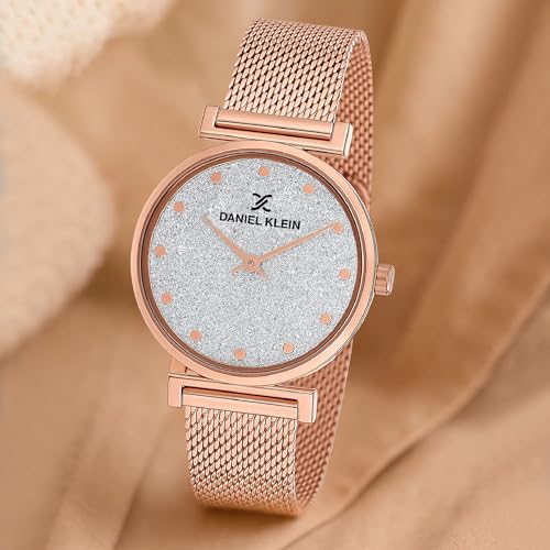 Daniel Klein Analog Silver Glitter Round Dial Rose Gold Mesh Strap Water-Resistant Wrist Watch for Women Girls, Ladies DK12070-3 - Image 2