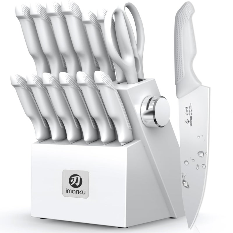 imarku Kitchen Knife Set, Japanese Knives Set for Kitchen, Stainless Steel Knife Set with Block, Kitchen Gadgets, White, Anti-Slip Handle, Dishwasher Safe, Gift for Women - Image 1