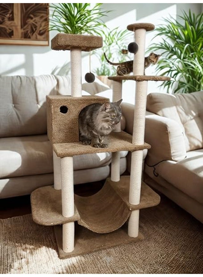 عمود خدش للقطط من Pets House & Care بحبل سيزال وكرة لعب معلقة – برج نشاط طويل للقطط البالغة بقاعدة مغطاة بالسجاد، متين وسهل التركيب - Image 1