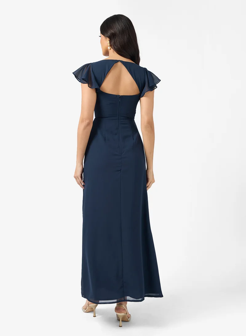 مايا Embroidered Slit Detail Flutter Sleeve Maxi Dress