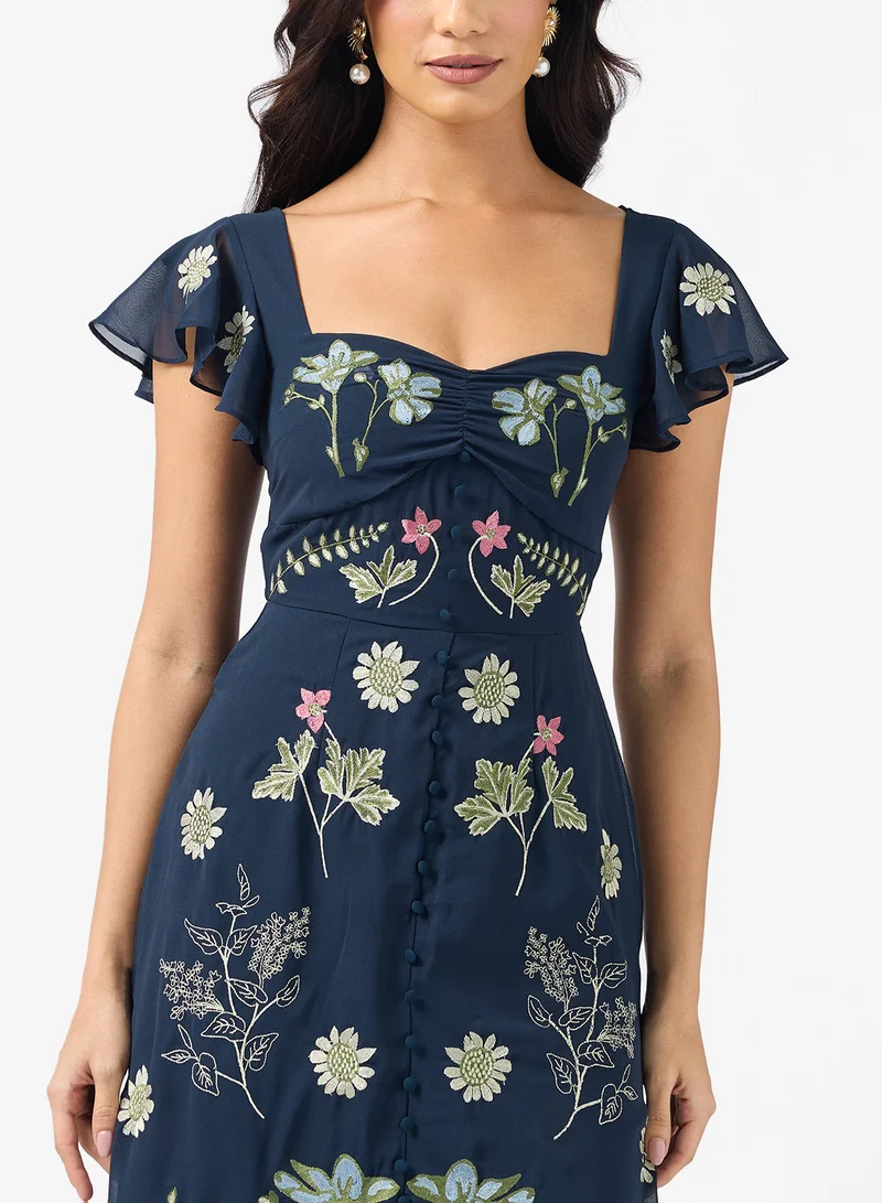 Maya Embroidered Slit Detail Flutter Sleeve Maxi Dress