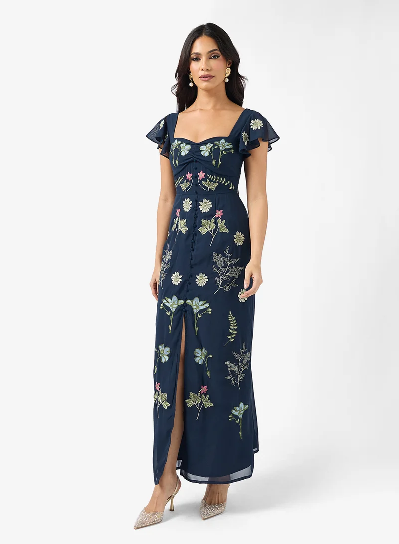 Maya Embroidered Slit Detail Flutter Sleeve Maxi Dress