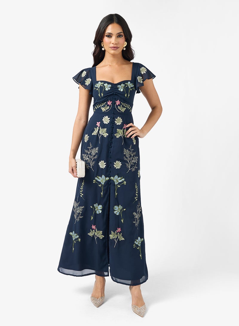 Maya Embroidered Slit Detail Flutter Sleeve Maxi Dress - Image 1