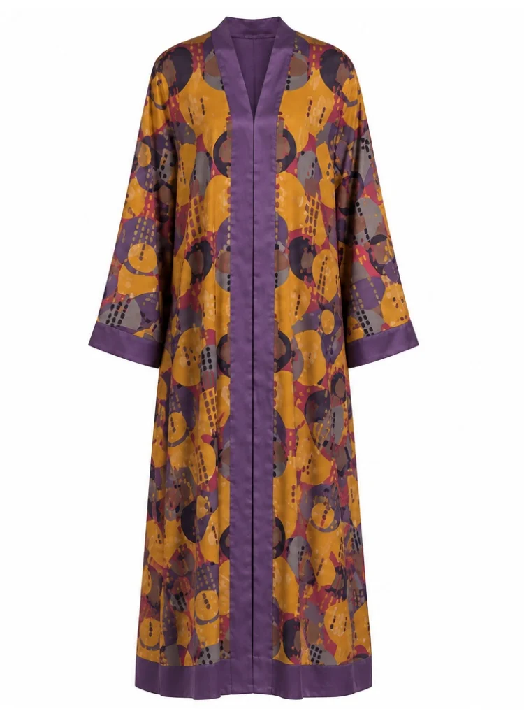 Amnad International Autumn Mosaic Abstract Art Print Open Front Silk Abaya with Matching Chiffon Hijab, Mustard Gold & Plum, Sizes 52-60 inches