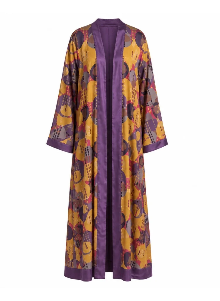 Autumn Mosaic Abstract Art Print Open Front Silk Abaya with Matching Chiffon Hijab, Mustard Gold & Plum, Sizes 52-60 inches