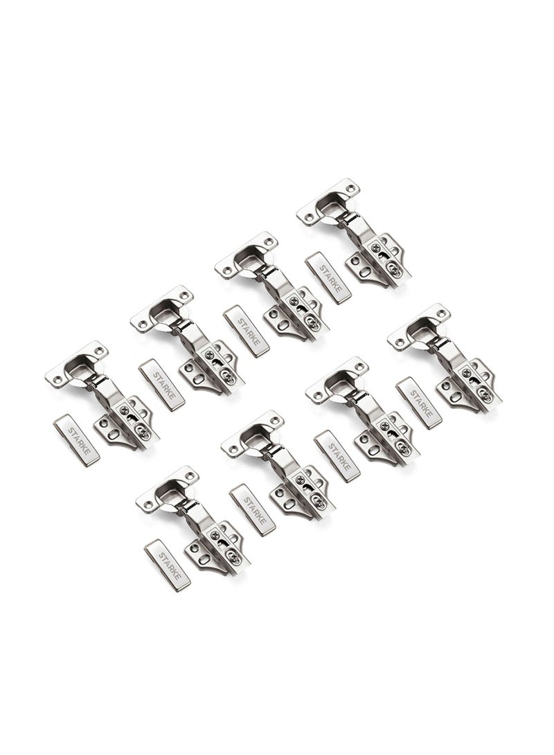 STARKE Pack of 8 Half Over Lay Soft Close Fast Mounted 1 Section Force Buffering Hinge - Silver, 105 Degree Opening Angle, 14-22 mm Application, Protective Cover & Screws included. - Image 1