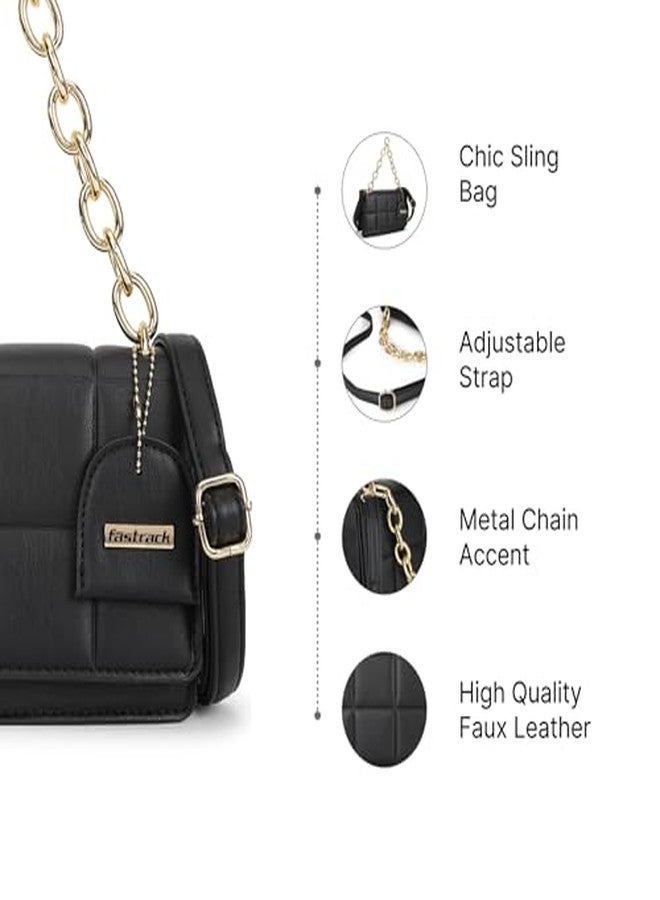 Fastrack Black Quilt Sling | Women’s Quilted Sling Bag with Chain Accent | Faux Leather with Button Closure & Adjustable Strap - Image 4