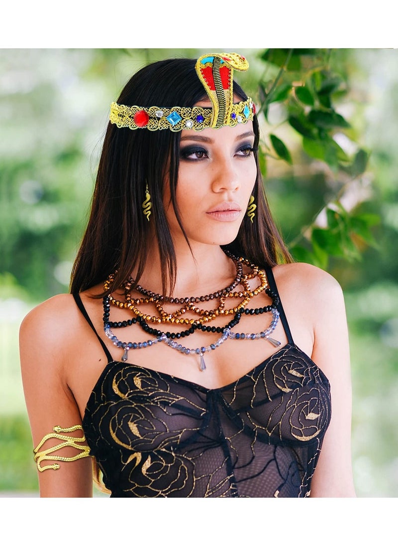 Egyptian Costume Accessories, Egyptian Headpiece, 25 Pieces Egyptian Cleopatra Costume Accessories, Snake Headpiece Golden Arm Cuff Earrings Jewelry Set, for Women Girls Cosplay - Image 5