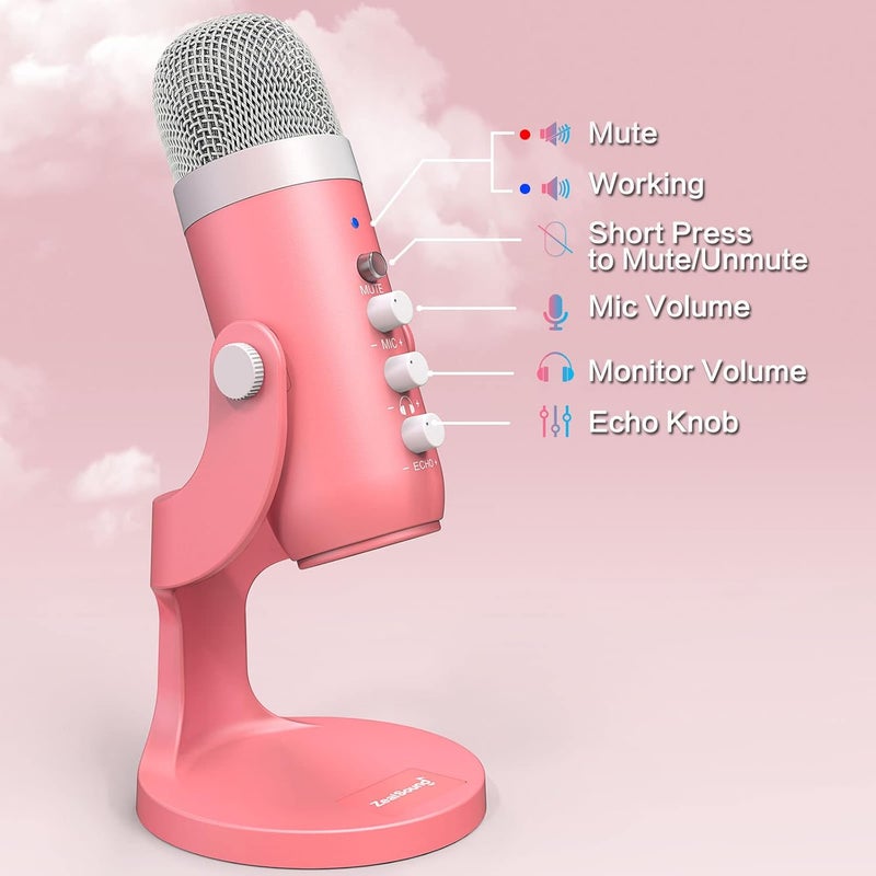 ميكروفون ZealSound للألعاب USB، ميكروفون وردي مع كتم صوت سريع للهاتف والكمبيوتر الشخصي وPS5، ميكروفون استوديو مع التحكم في الكسب، وضبط الصدى ��حجم المراقبة للبث المباشر وتسجيل الصوت ASMR والبودكاست والفيديو K66 - Image 5