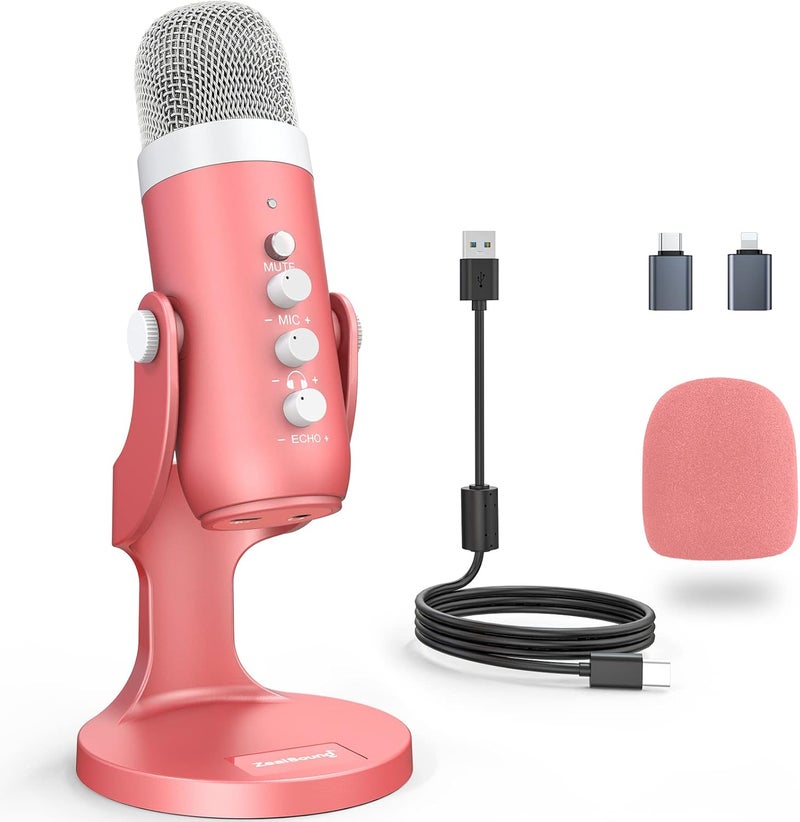 ميكروفون ZealSound للألعاب USB، ميكروفون وردي مع كتم صوت سريع للهاتف والكمبيوتر الشخصي وPS5، ميكروفون استوديو مع التحكم في الكسب، وضبط الصدى ��حجم المراقبة للبث المباشر وتسجيل الصوت ASMR والبودكاست والفيديو K66 - Image 1