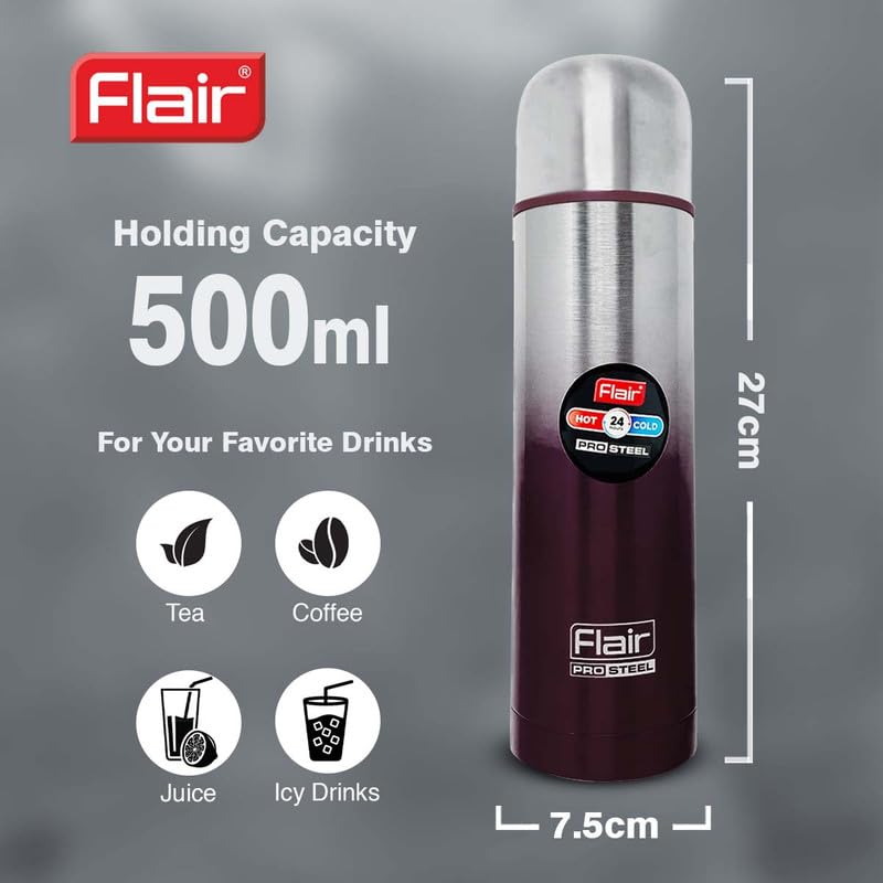 Flair زجاجة فليير باور برو المعزولة من الفولاذ | تصل إلى 24 ساعة ساخنة وباردة | مانعة للتسرب، خالية من BPA، قوية ومتينة، مطلية بالنحاس - مزدوجة الجدران، زجاجة ماء مقاومة للصدأ (500 مل، أسود) - Image 4