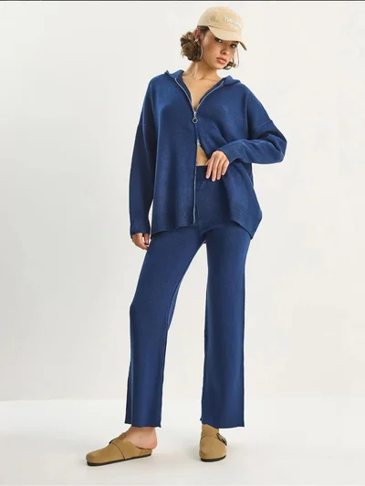 Bianco Lucci LUCCI High Waist Zipper Collar Cardigan and Pants Set