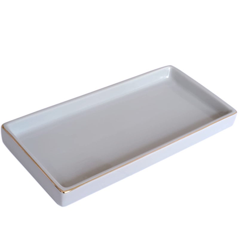 10 x 5 Ceramic Bathroom Tray for Countertop Decorative Vanity Tray for Dresser Tops Small Rectangular Trays for Perfume Candle Jewelry Cosmetics Gray