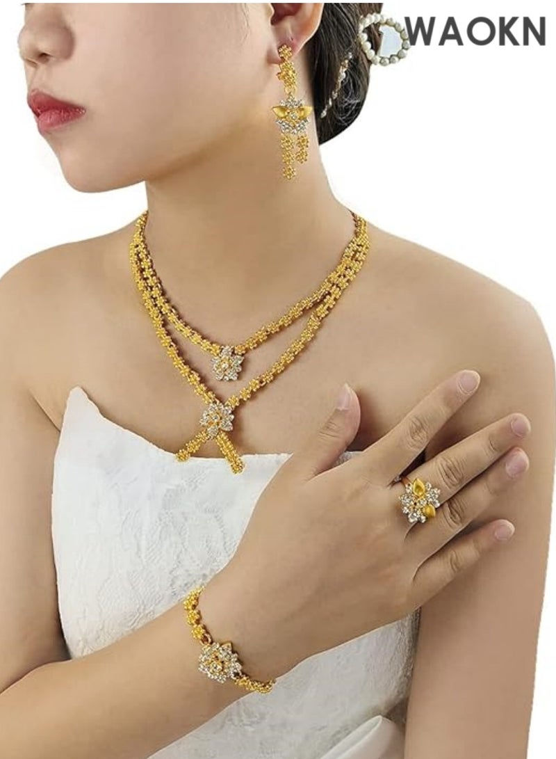 WAOKN Women Jewelry Sets Gold Necklace Earrings Bangle Ring Set Fashion Wedding Prom Jewelry Set Stunning Bridal Jewelry Set Delicate Gold Plated Necklace Earring Wrist Chain and Rings Set For Bridal And Party Wear - Image 3