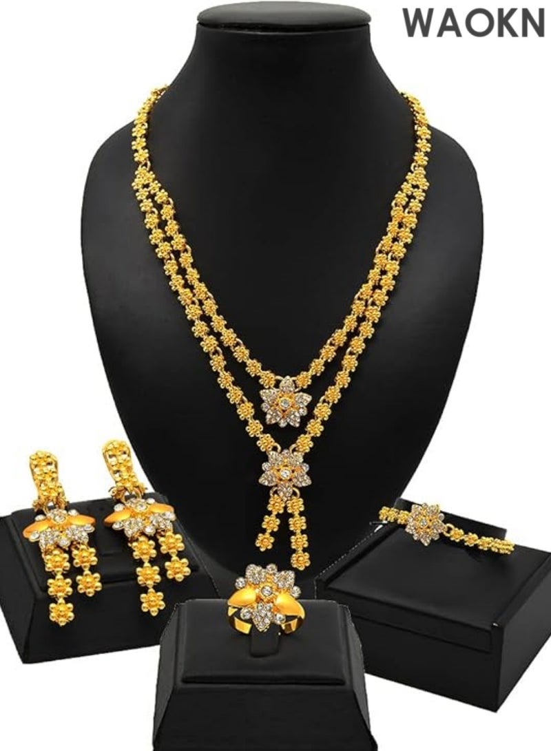 WAOKN Women Jewelry Sets Gold Necklace Earrings Bangle Ring Set Fashion Wedding Prom Jewelry Set Stunning Bridal Jewelry Set Delicate Gold Plated Necklace Earring Wrist Chain and Rings Set For Bridal And Party Wear - Image 4