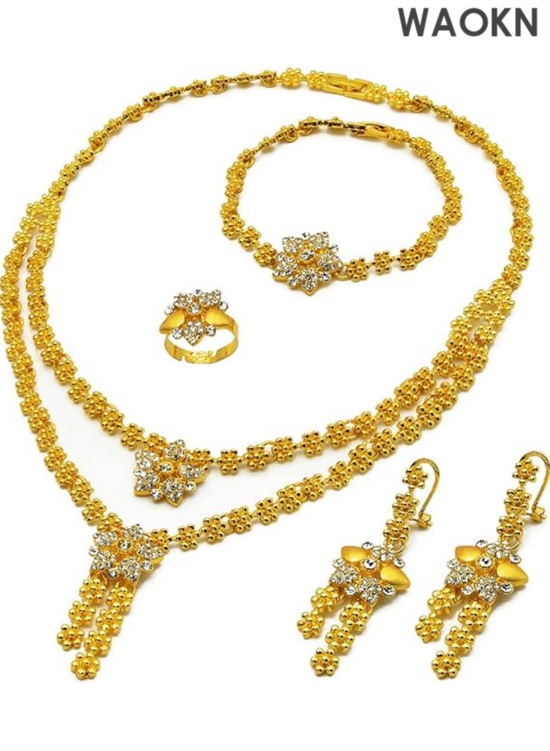 WAOKN Women Jewelry Sets Gold Necklace Earrings Bangle Ring Set Fashion Wedding Prom Jewelry Set Stunning Bridal Jewelry Set Delicate Gold Plated Necklace Earring Wrist Chain and Rings Set For Bridal And Party Wear - Image 1
