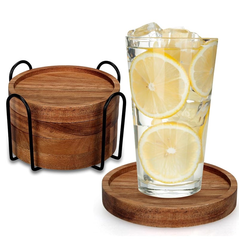 Renawe 4 Pcs Farmhouse Wooden Coasters with Holder Cute Wood Drink Coaster Set Outdoor Beer Costers Home Decoration Coffee Table Decor Gift Cup Coaster Bar Kitchen Dining Table Accessories Modern Coasters - Image 1