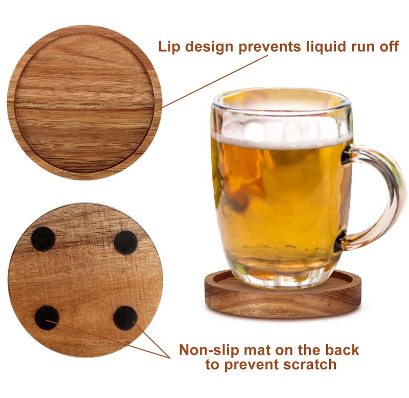 Renawe 4 Pcs Farmhouse Wooden Coasters with Holder Cute Wood Drink Coaster Set Outdoor Beer Costers Home Decoration Coffee Table Decor Gift Cup Coaster Bar Kitchen Dining Table Accessories Modern Coasters - Image 4
