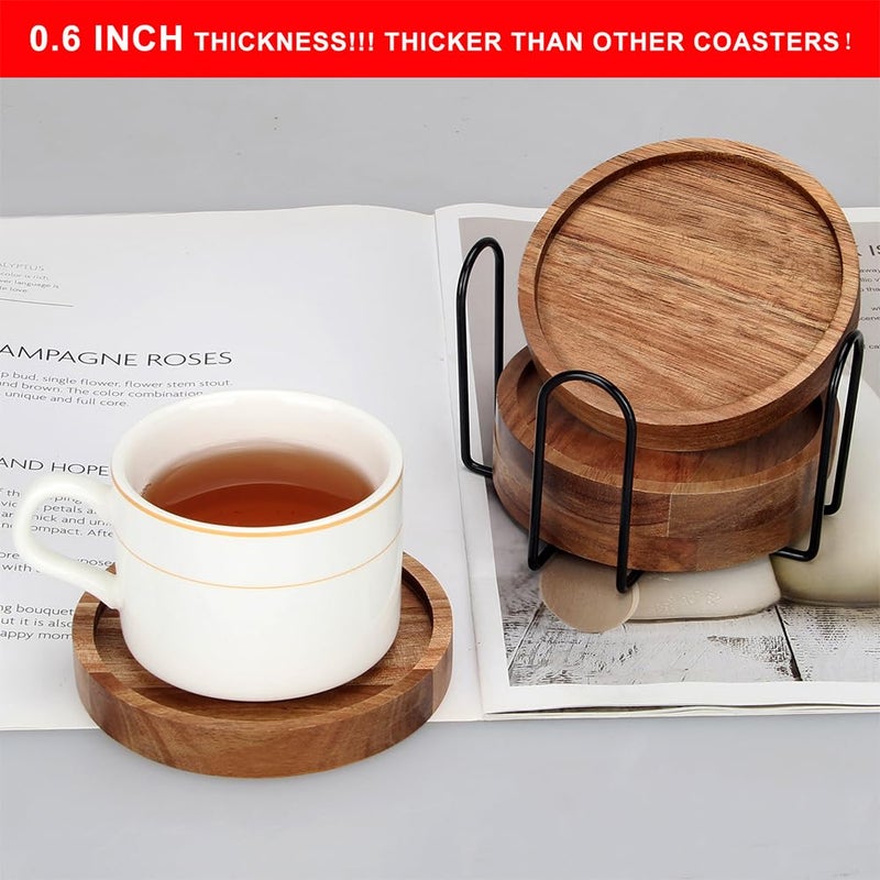 Renawe 4 Pcs Farmhouse Wooden Coasters with Holder Cute Wood Drink Coaster Set Outdoor Beer Costers Home Decoration Coffee Table Decor Gift Cup Coaster Bar Kitchen Dining Table Accessories Modern Coasters - Image 3