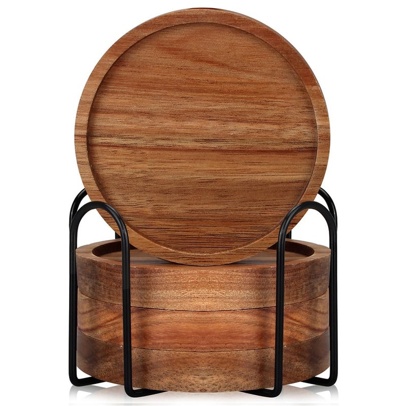 Renawe 4 Pcs Farmhouse Wooden Coasters with Holder Cute Wood Drink Coaster Set Outdoor Beer Costers Home Decoration Coffee Table Decor Gift Cup Coaster Bar Kitchen Dining Table Accessories Modern Coasters - Image 2