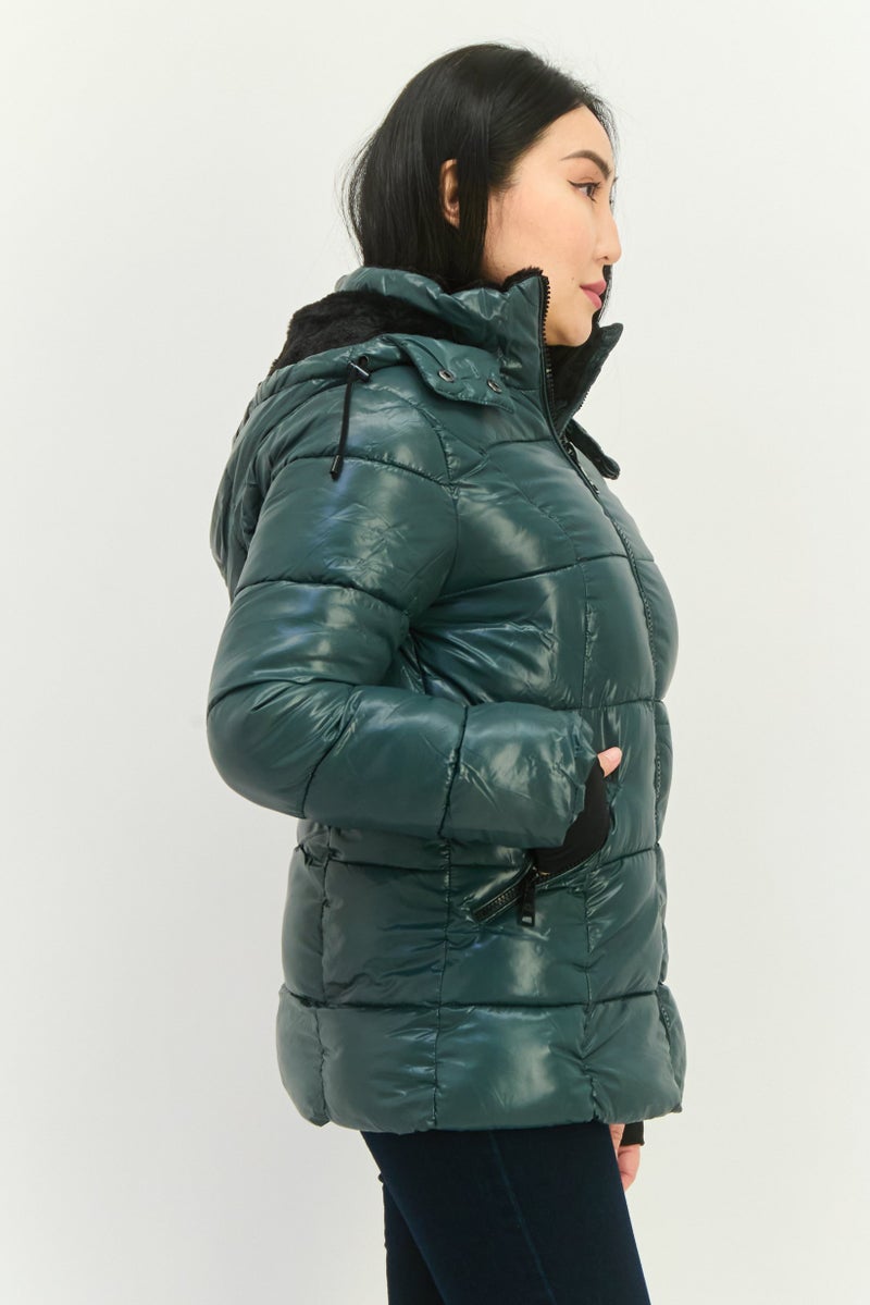 STEVE MADDEN Women Hooded Brand Logo Puffer Jacket, Green - Image 2