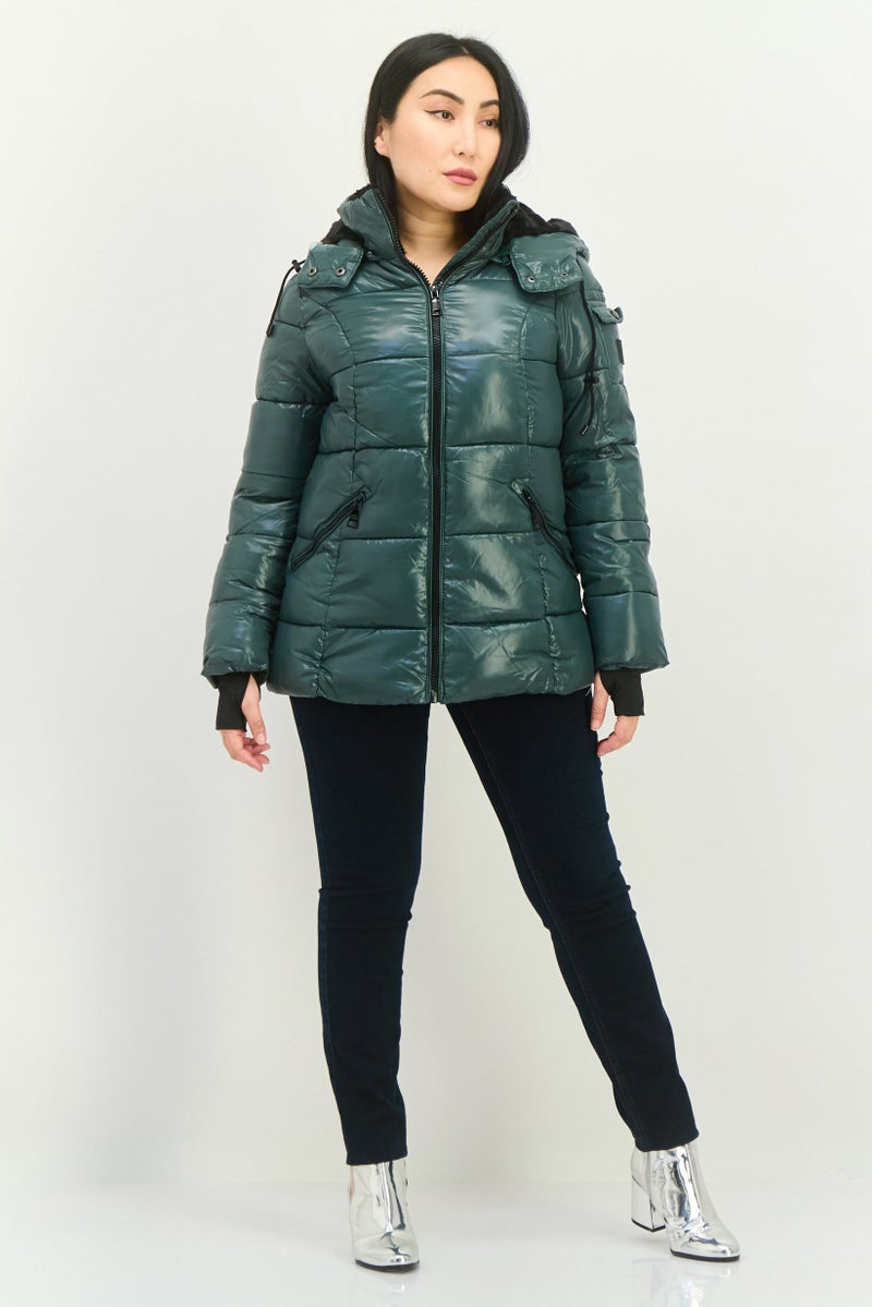 STEVE MADDEN Women Hooded Brand Logo Puffer Jacket, Green - Image 4