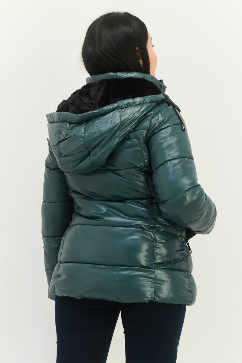 STEVE MADDEN Women Hooded Brand Logo Puffer Jacket, Green - Image 3