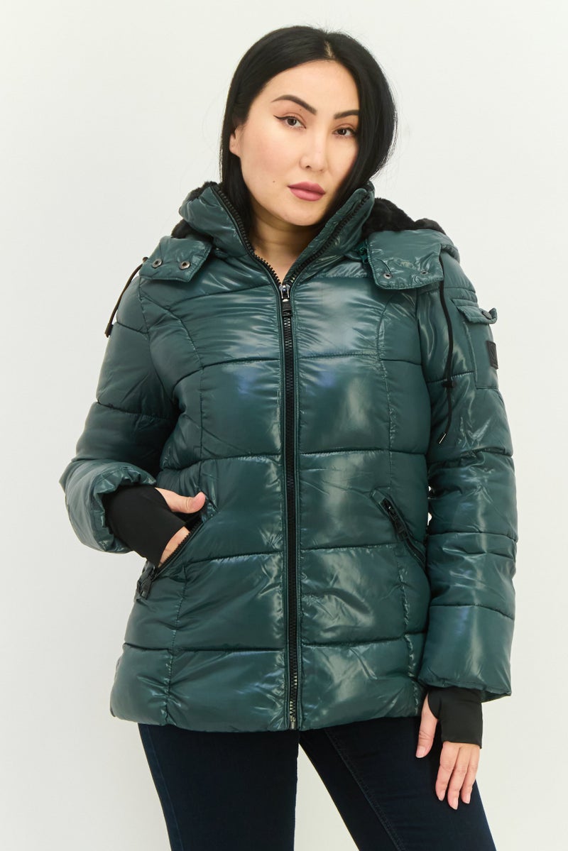 STEVE MADDEN Women Hooded Brand Logo Puffer Jacket, Green - Image 1