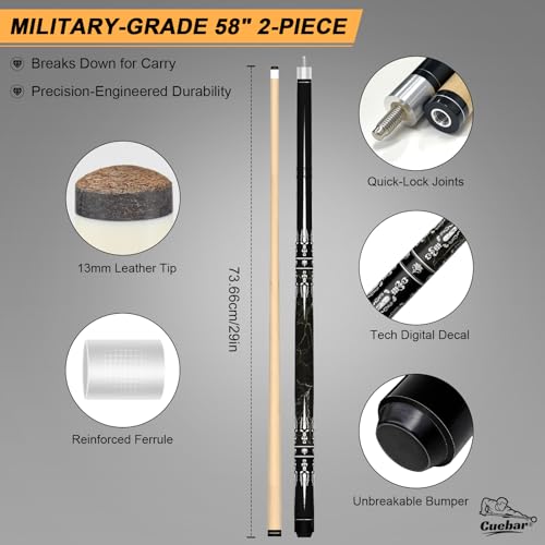 CUEBAR Pool Cue Stick 58 Inch 2Piece Billiard Cue with Geometric Sword Inlays Unwrapped Grip Maple Shaft 13mm Tip Black 21 Oz - Image 3