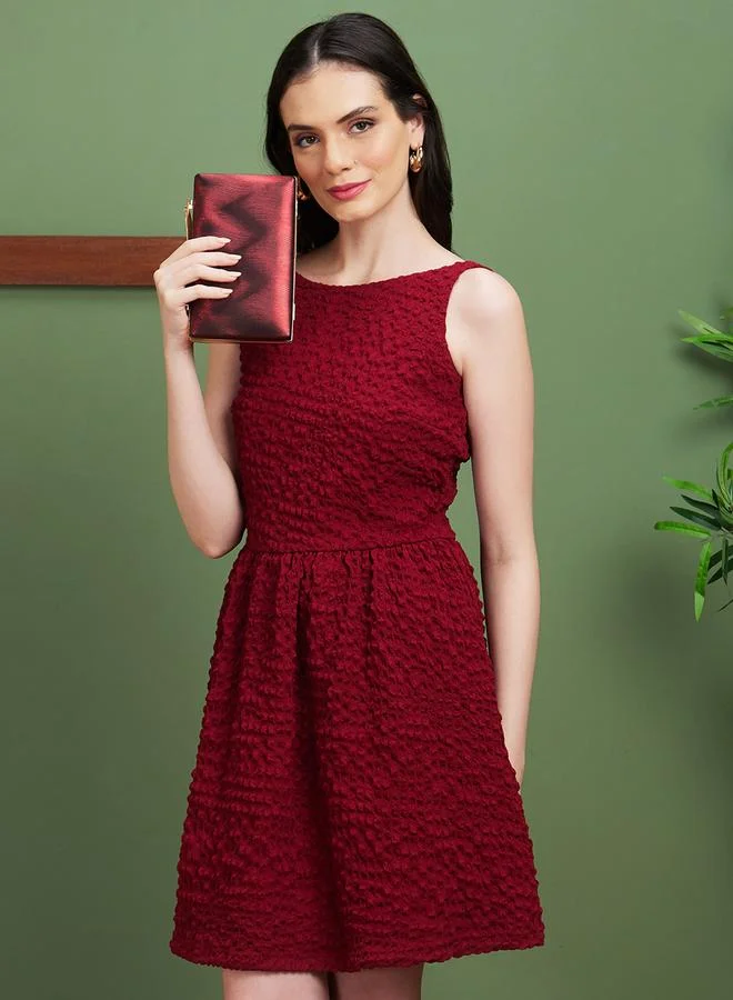 Women Red Textured V-Back Mini Dress