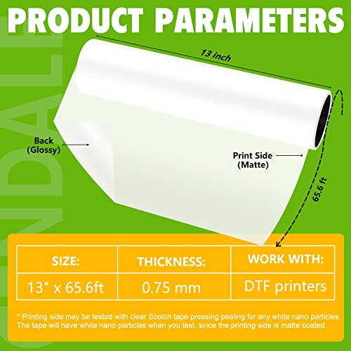 CenDale DTF Transfer Film Roll 13"x 65.6ft - Premium A3+ DTF Film Roll, Double Sided Matte Clear PreTreat PET Heat Transfer Paper, Hot & Cold Peel DTF Paper Roll, Direct to Film for T-Shirts Textile - Image 2