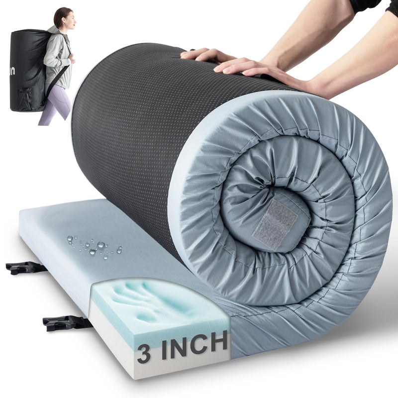 Kingfun 3 Inch CertiPUR-US Memory Foam Camping Mattress, Waterproof Roll up Sleeping Pad, Thick Floor Sleeping Mats for Tent with Removable Travel Bag (Single 75" x 30" x 3" inch, Light Blue) - Image 1