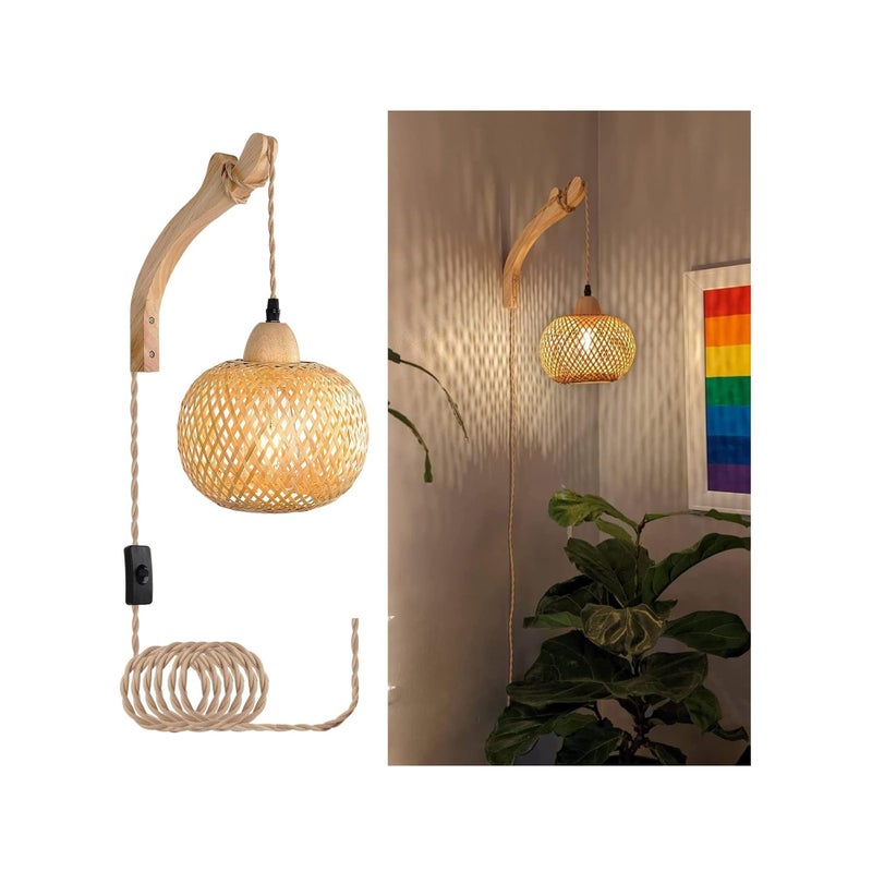 SOLARAE Bamboo Lantern Plug in Wall Sconces Wicker Wall Lamp, Vintage Wall Sconces, Hand Woven Rattan Wall Light, Farmhouse Rustic Wall Sconces, Boho Sconces Wall Lighting for Living Room Bedroom - Image 1