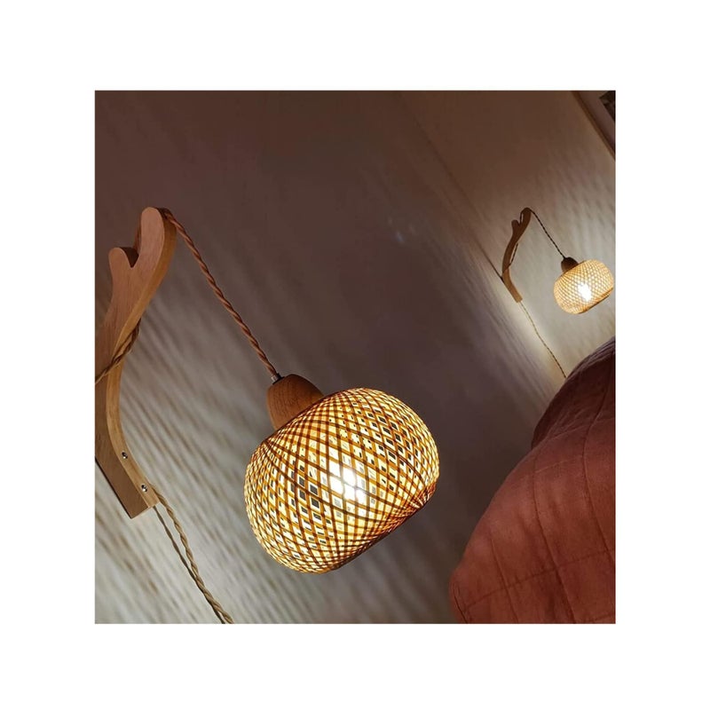 SOLARAE Bamboo Lantern Plug in Wall Sconces Wicker Wall Lamp, Vintage Wall Sconces, Hand Woven Rattan Wall Light, Farmhouse Rustic Wall Sconces, Boho Sconces Wall Lighting for Living Room Bedroom - Image 3