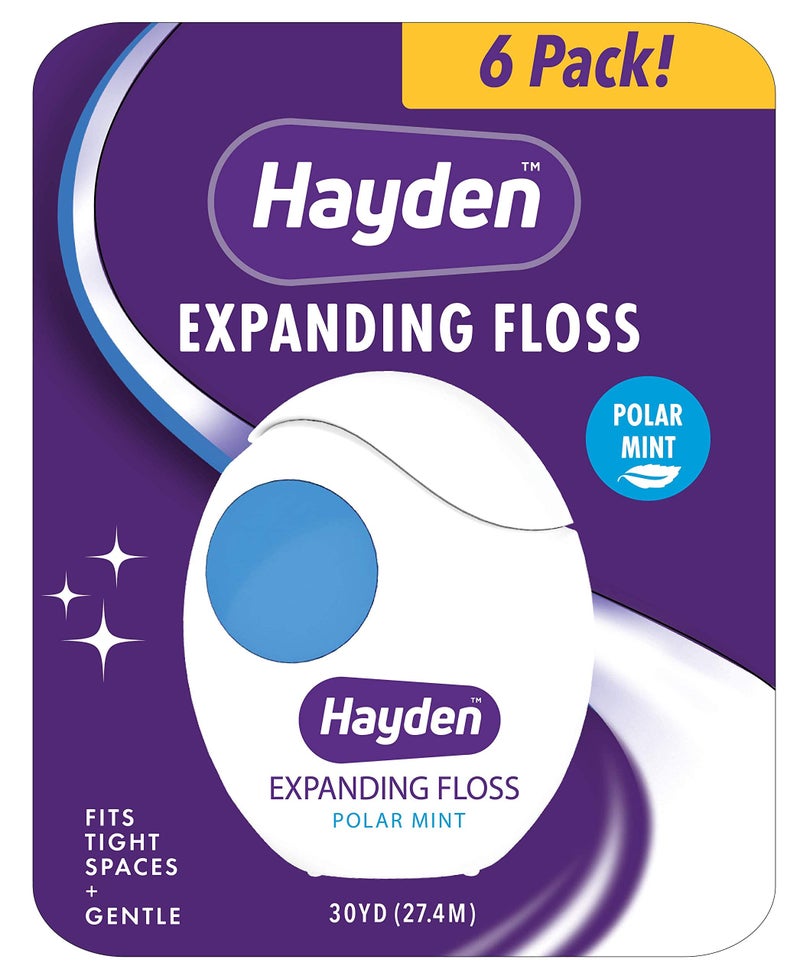 Hayden خيط الأسنان القابل للتوسع هايدن. يتوسع لتنظيف بين الأسنان الضيقة. عبوة 6 قطع. شعور منعش بنكهة النعناع القطبي. مكونات مضادة للجير للعناية اللطيفة. 180 ياردة. تنظيف قابل للتوسع. خالي من PFA. - Image 1