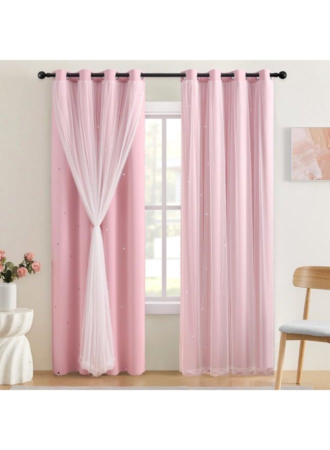XiDi Light Pink Curtains for Girls Bedroom 84 Inches Long Blackout Nursery Curtains Double Layer with Sheer Overlay for Princess Room Grommet Privacy Room Darkening Window Drapes Light Pink 34-84/2 - Image 1