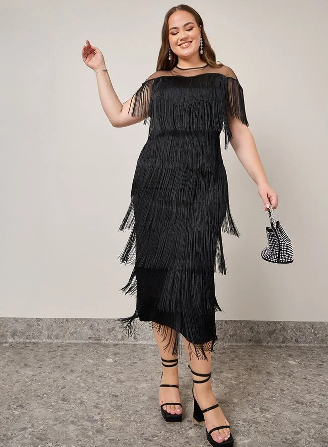 Styli Tassel Detail Mesh Insert Midi Dress