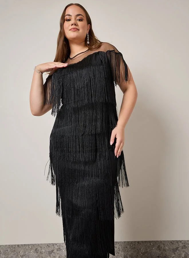 Styli Tassel Detail Mesh Insert Midi Dress