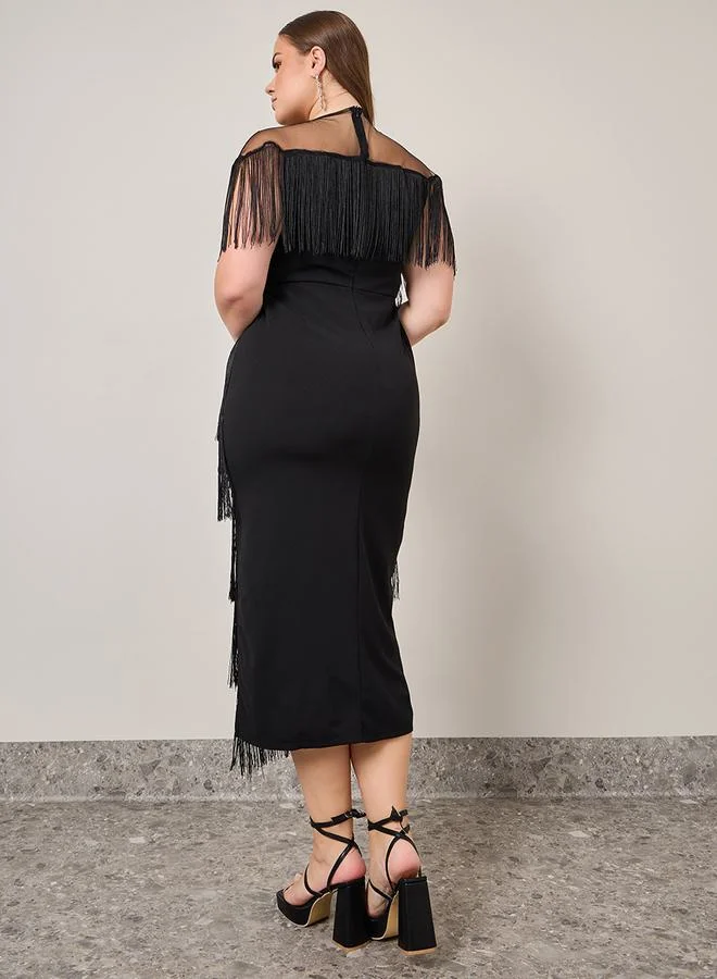 Styli Tassel Detail Mesh Insert Midi Dress
