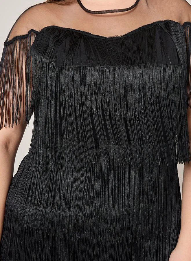 Styli Tassel Detail Mesh Insert Midi Dress