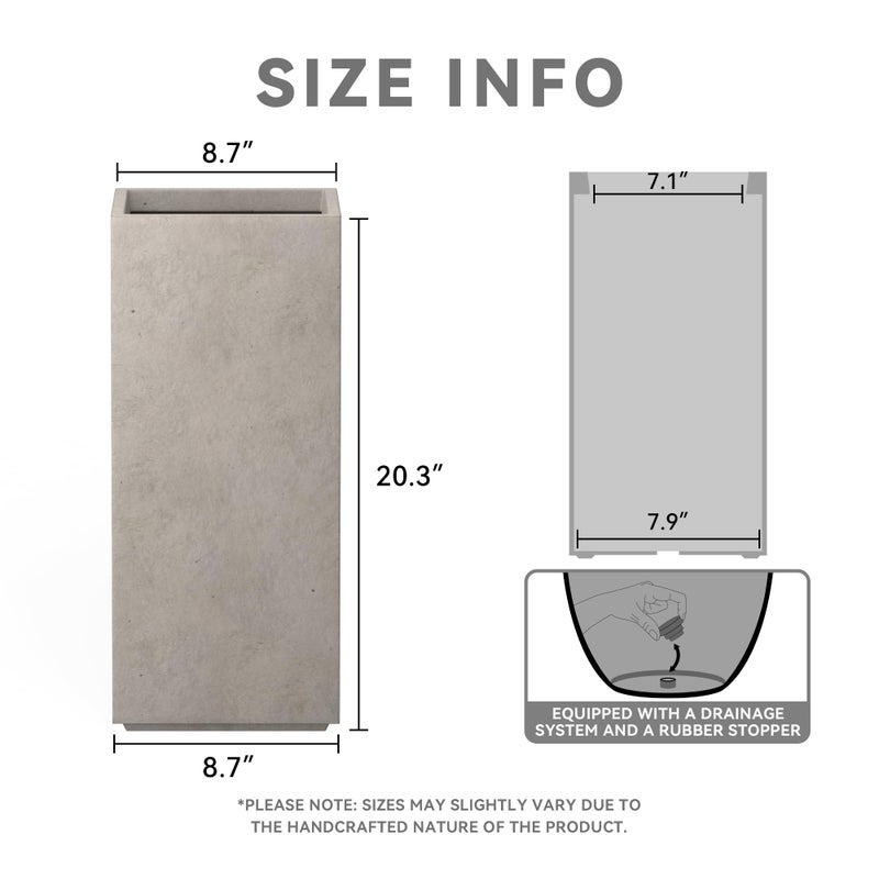 Kante 20.3" H Tall Rectangular Concrete Planter, Modern Square Diameter Plant Pot with Drainage Hole and Rubber Plug for Indoor Outdoor Home Patio Garden, Weatheted Concrete - Image 2