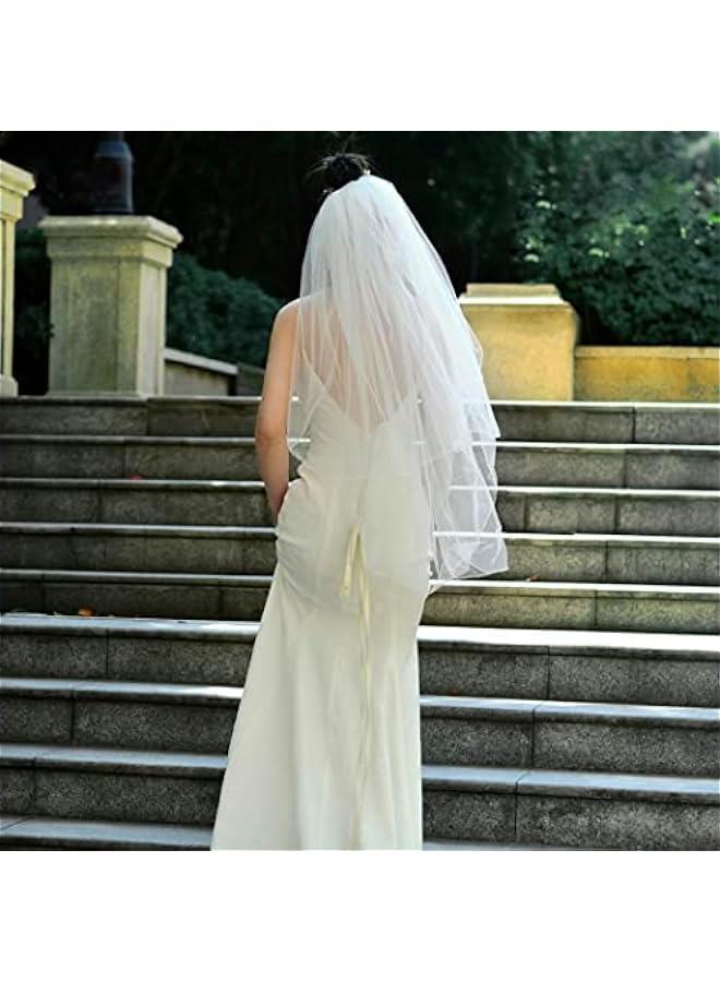 2 Tier Bride Wedding Veil Elbow Length Short Bridal Tulle Veils Ribbon Edge Veils with Comb for Brides and Women - Image 3